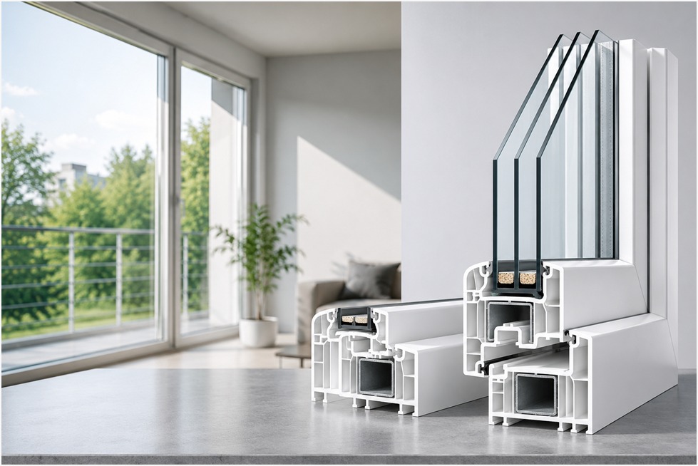 High-quality uPVC window profiles showing internal chambers and glazing