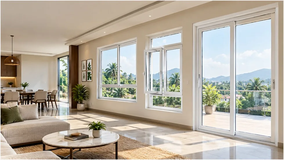 Customized white uPVC sliding window installed in a Coimbatore home