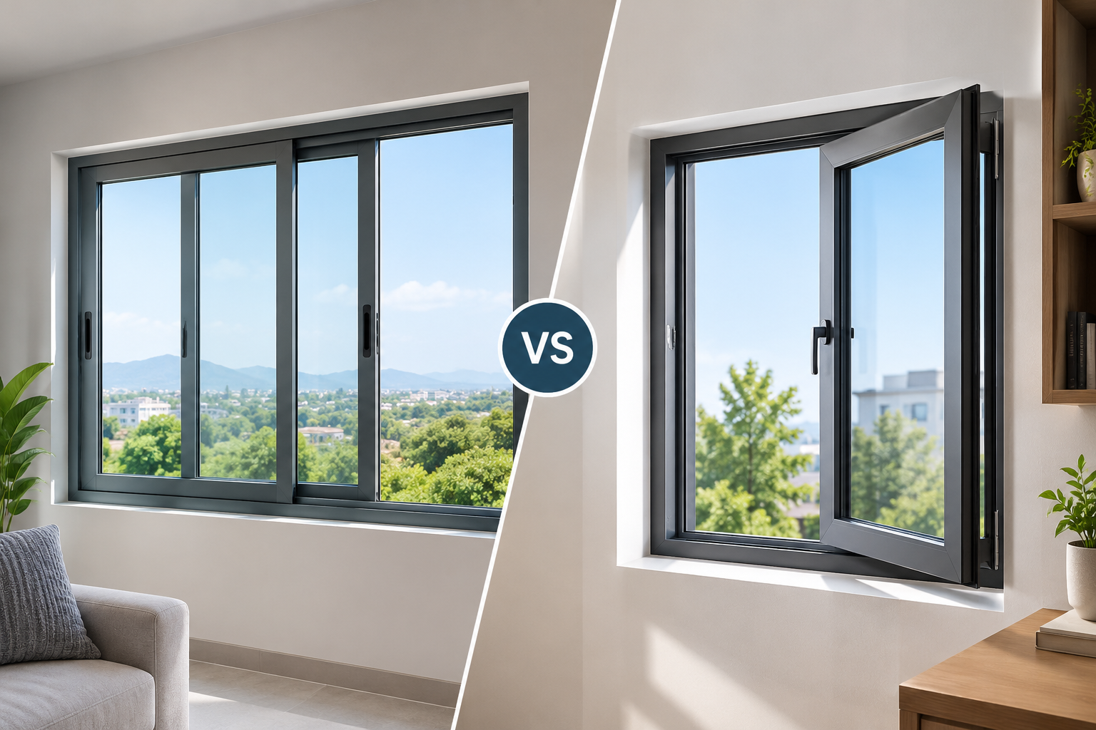 Side-by-side comparison of a sliding window and an open casement window