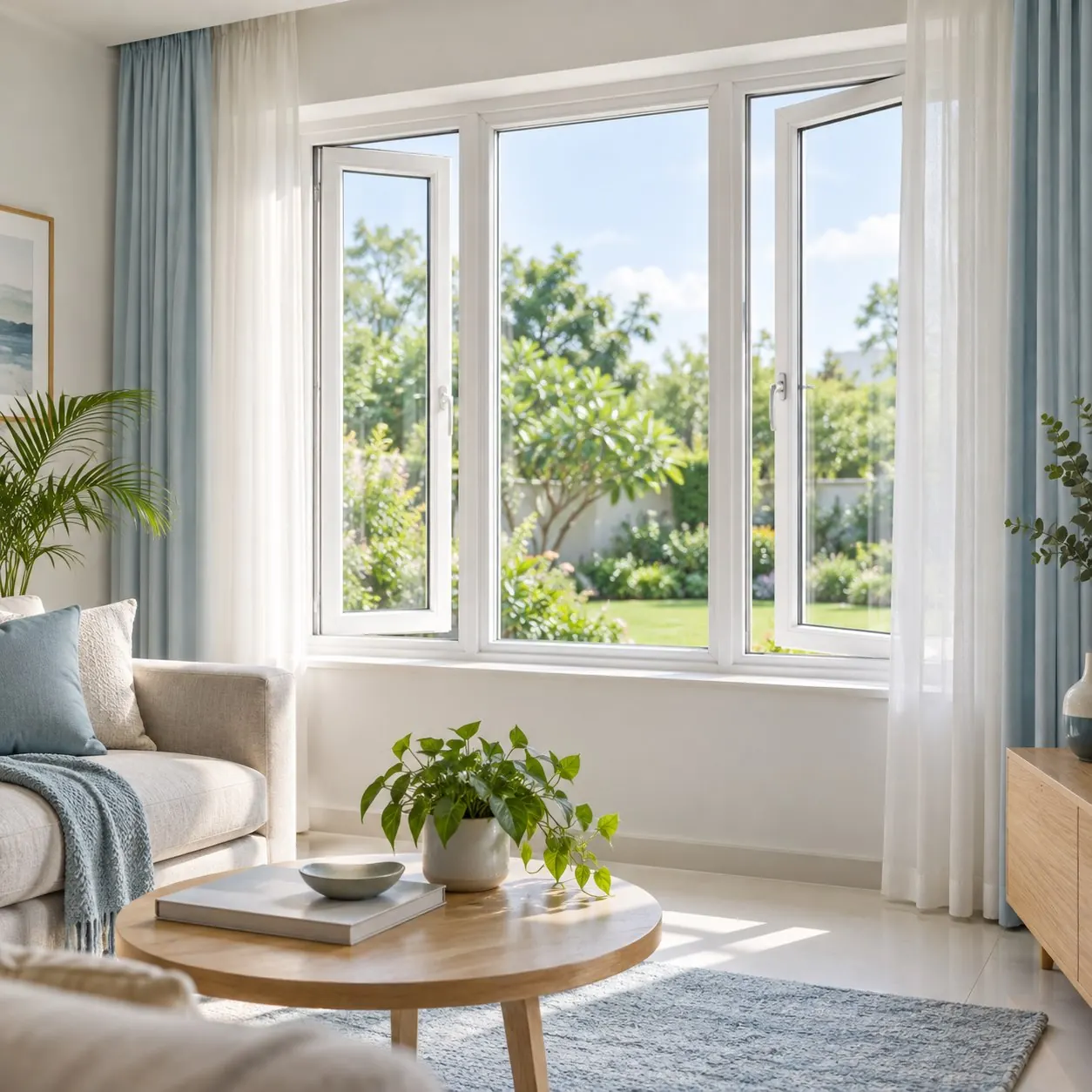 Bright living room concept with white uPVC casement windows
