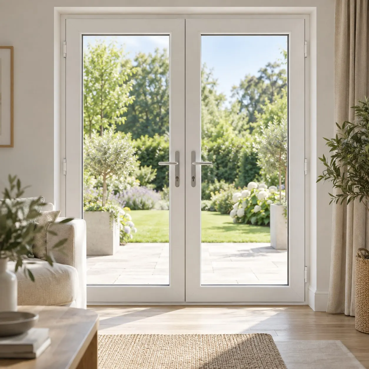 White uPVC French door concept opening to a garden
