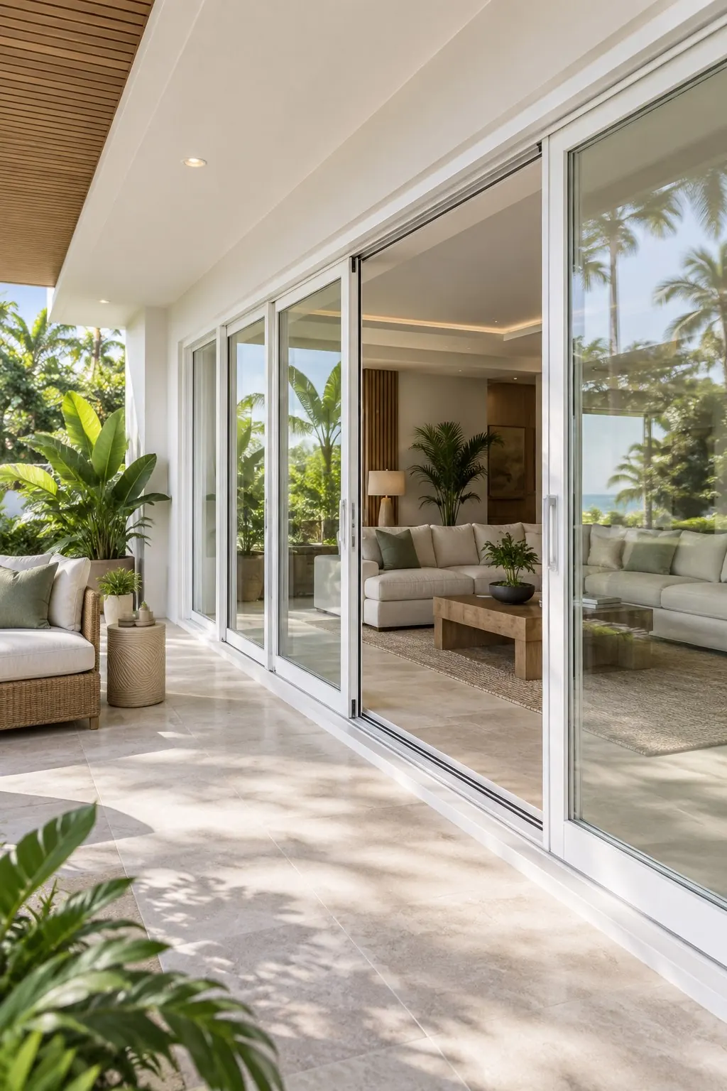 Contemporary terrace concept with white uPVC sliding doors